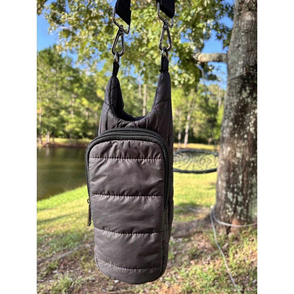 Quilted Puffer Crossbody Bag Black Adjustable Strap Nylon Water Bottle Phone